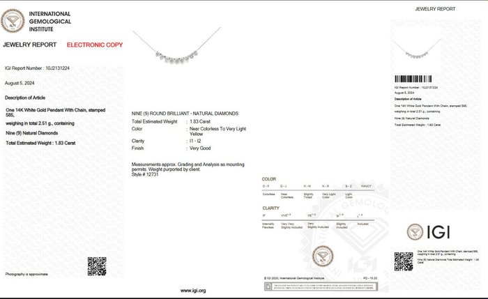 Halskæde - 18 kraat Hvidguld -  1.83ct. tw. - Diamant