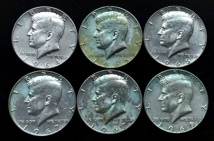 Förenta staterna. 6 moedas -  ½ Dollar "Kennedy Half Dollar" 1964-1969  (Ingen mindstepris)