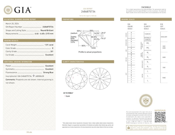 1 pcs Diamant  (Natur)  - 1.01 ct - Rund - E - SI1 - Gemological Institute of America (GIA)