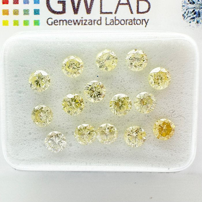 Ingen mindstepris - 15 pcs Diamant  (Naturfarvet)  - 1.08 ct - Rund Gul - I1, SI1, SI2, SI3 - Gemewizard Gemological Laboratory (GWLab)