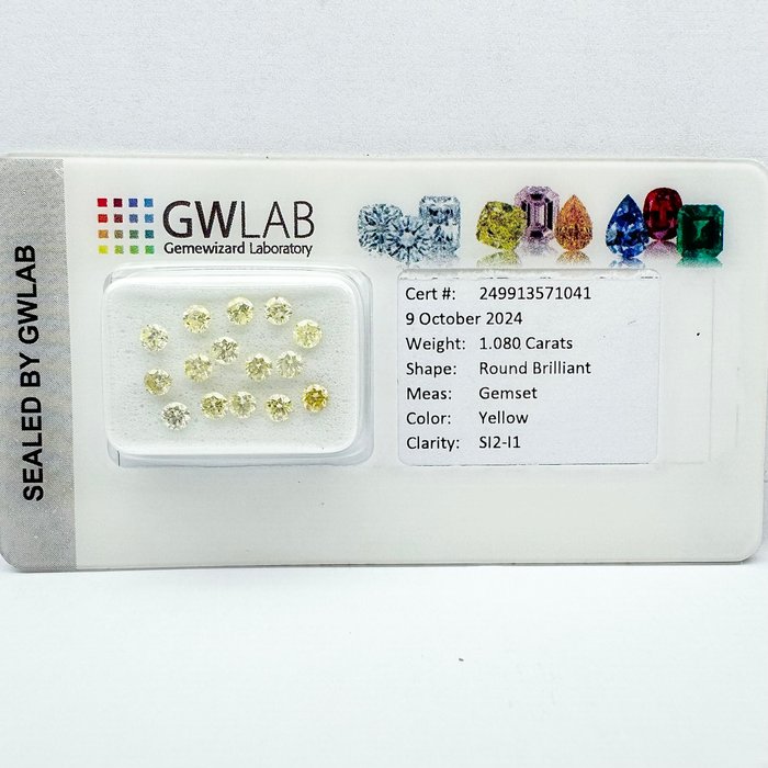 Ingen mindstepris - 15 pcs Diamant  (Naturfarvet)  - 1.08 ct - Rund Gul - I1, SI1, SI2, SI3 - Gemewizard Gemological Laboratory (GWLab)