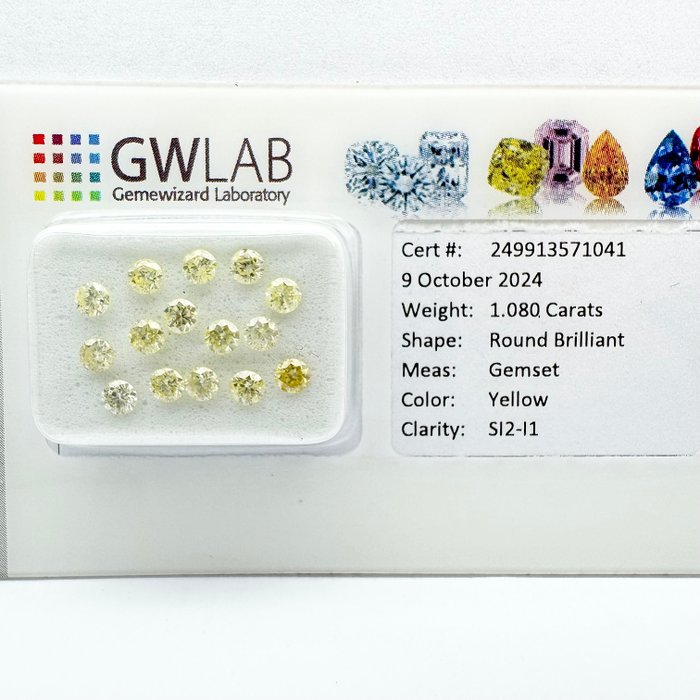 Ingen mindstepris - 15 pcs Diamant  (Naturfarvet)  - 1.08 ct - Rund Gul - I1, SI1, SI2, SI3 - Gemewizard Gemological Laboratory (GWLab)