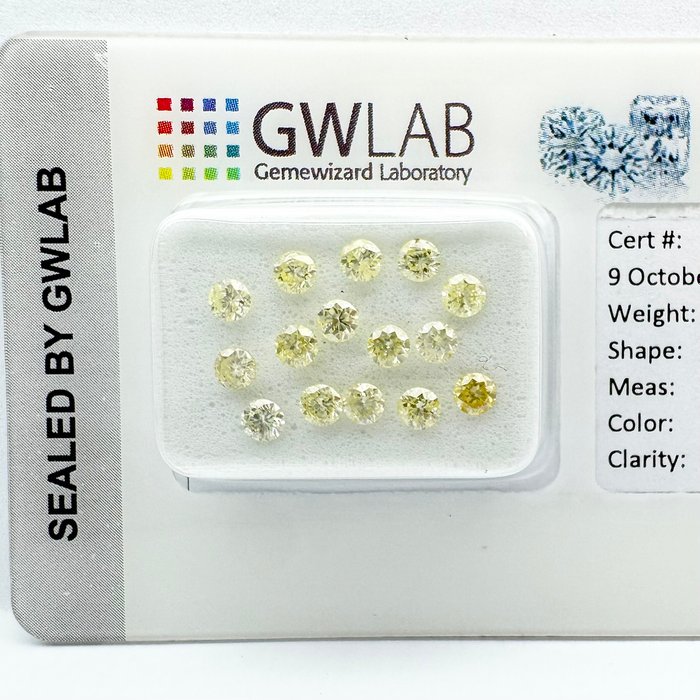 Ingen mindstepris - 15 pcs Diamant  (Naturfarvet)  - 1.08 ct - Rund Gul - I1, SI1, SI2, SI3 - Gemewizard Gemological Laboratory (GWLab)