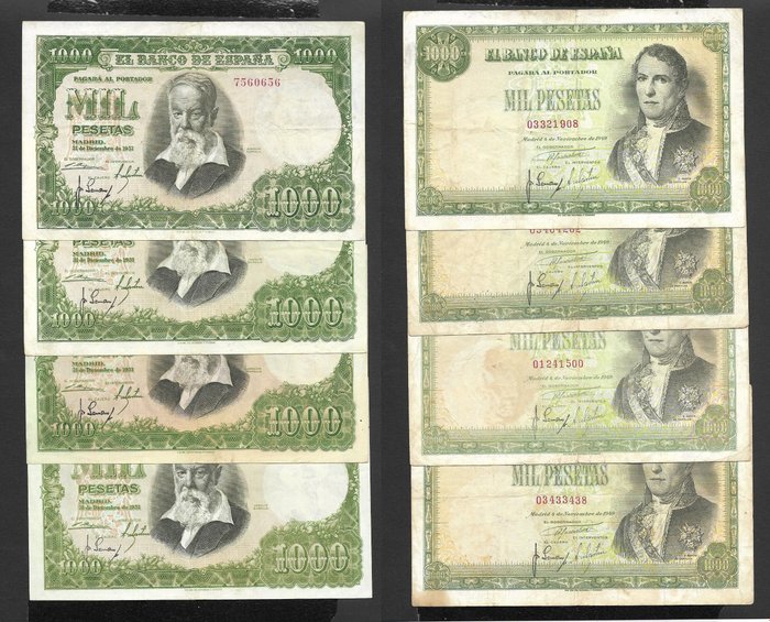 Spanien. - 8 x 1000 Pesetas 1949-1951 - Pick 138 (4) and 143 (4)