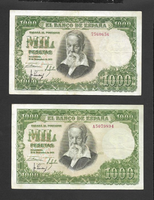 Spanien. - 8 x 1000 Pesetas 1949-1951 - Pick 138 (4) and 143 (4)