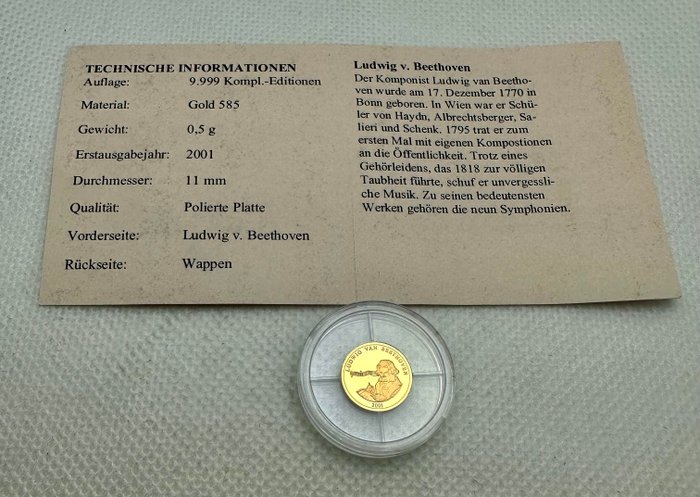 Tyskland. Gold medal 2001 Ludwig Van Beethoven , oro Proof  (Ingen mindstepris)