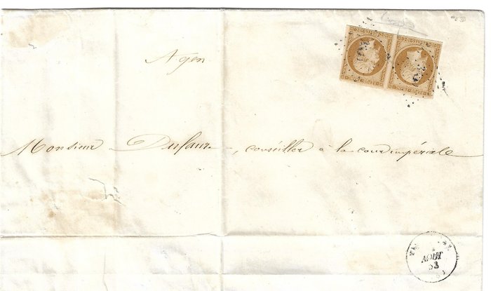 Frankrig 1853 - Paire de N°9a bistre-brun sur lettre. Signé kalve. Cote 3200 €