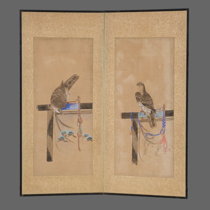 Byôbu 屏風 (foldeskærm) - Træ, Guldspættet papir - Japan - 1800-tallet (sen Edo-periode/tidlig Meiji-periode)