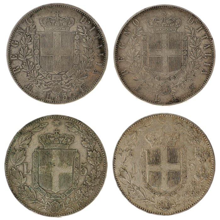 Italien. 5 Lire 1870/1879 (4 stuks)  (Ingen mindstepris)