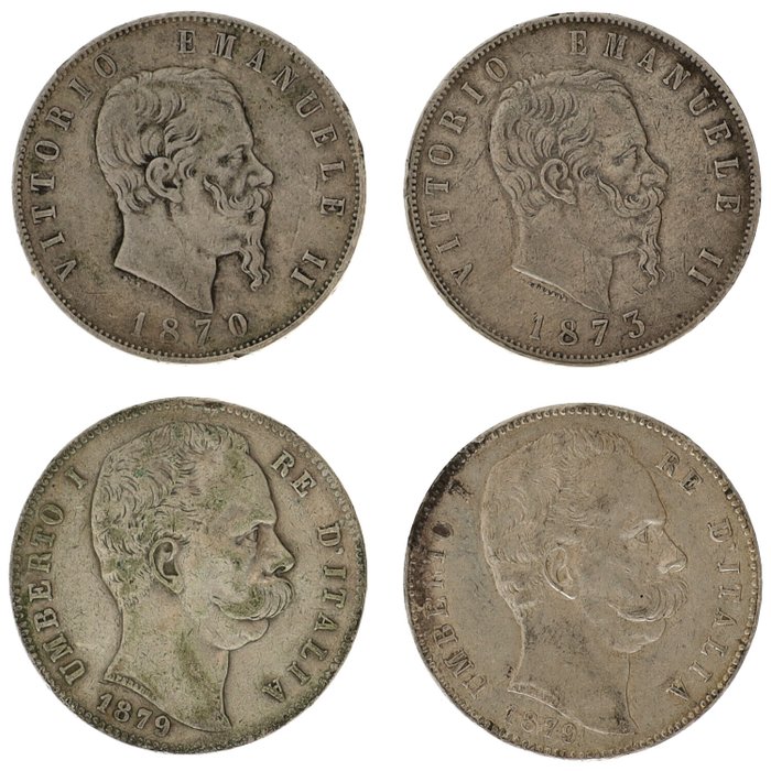 Italien. 5 Lire 1870/1879 (4 stuks)  (Ingen mindstepris)