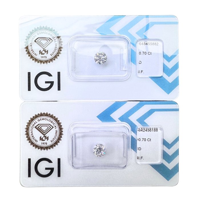 2 pcs Diamant  (Natur)  - 1.40 ct - Rund - D (farveløs) - IF - International Gemological Institute (IGI) - Ideelt slebne diamanter