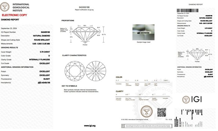 2 pcs Diamant  (Natur)  - 1.40 ct - Rund - D (farveløs) - IF - International Gemological Institute (IGI) - Ideelt slebne diamanter