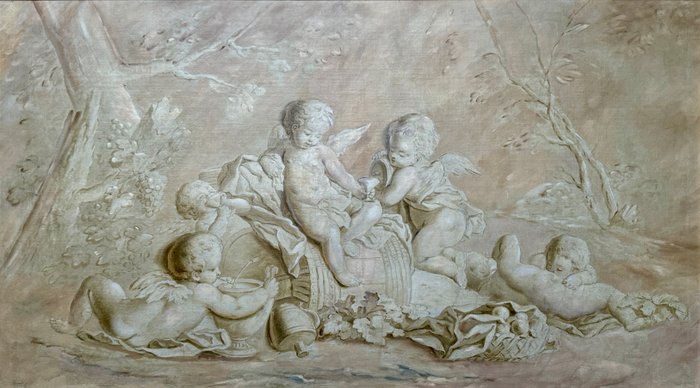 Piat Joseph Sauvage (1744–1818), Workshop of - Un bas-relief en trompe l'oeil représentant des putti à une fête champêtre en grisaille