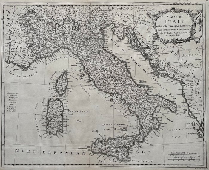 Italien - Italien en del af Kroatien Albanien Grækenland; N Tindall P Rapin naar RW Seale - A Map of Italy  - 1721-1750