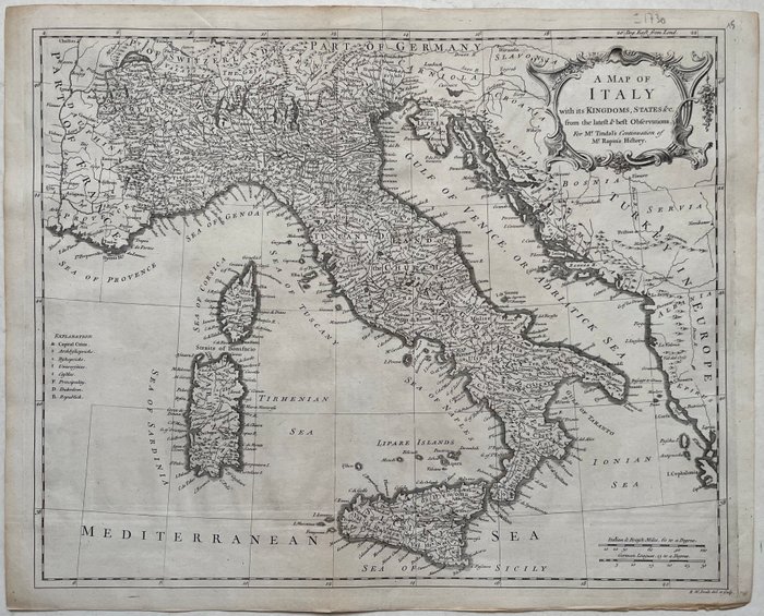 Italien - Italien en del af Kroatien Albanien Grækenland; N Tindall P Rapin naar RW Seale - A Map of Italy  - 1721-1750