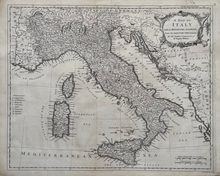 Italien - Italien en del af Kroatien Albanien Grækenland; N Tindall P Rapin naar RW Seale - A Map of Italy  - 1721-1750