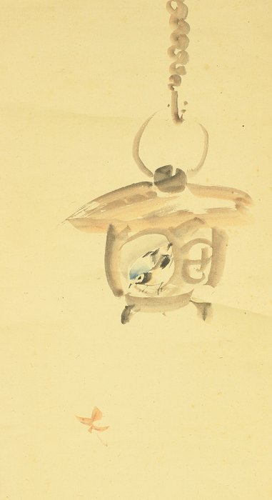 Small Bird in Hanging Lantern and Red Maple Autumn Leaves with Box - with signature 'Baisen' 楳僊 and seal 'Kenko' 硯光 ' - Japan  (Ingen mindstepris)