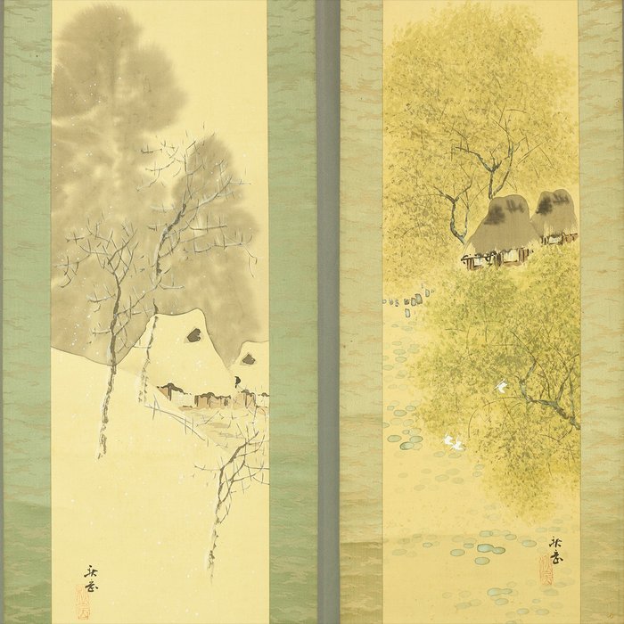 Summer - Village and Herons in a Pond, Winter - Deep Snow Villages Landscape - Nakajima Shugaku 中島秋岳 - Japan  (Ingen mindstepris)