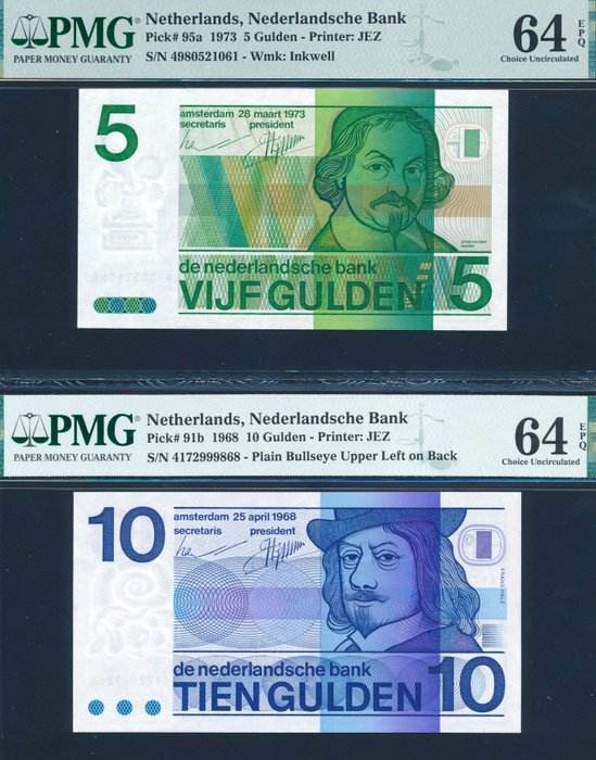 Holland. - 5 and 10 Gulden 1968-1973 - Pick 91b, 95a  (Ingen mindstepris)