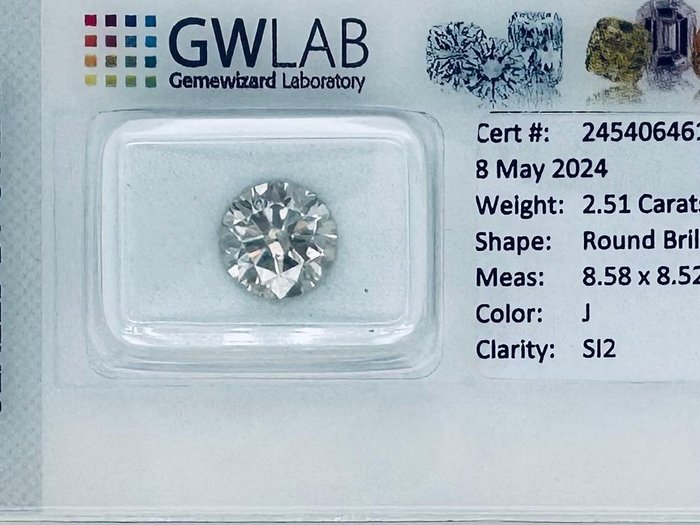 1 pcs Diamant  (Natur)  - 2.51 ct - Rund - J - SI2 - Gemewizard Gemological Laboratory (GWLab)