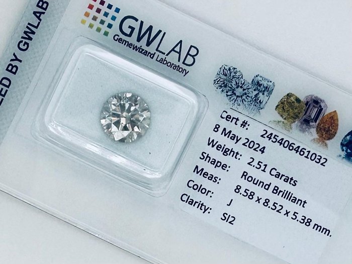 1 pcs Diamant  (Natur)  - 2.51 ct - Rund - J - SI2 - Gemewizard Gemological Laboratory (GWLab)