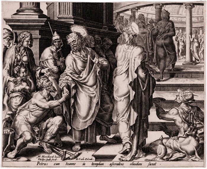 Maarten van Heemskerck  (1498–1574),  Philip Galle (1537–1612) - St. Peter heals the cripple at the beautiful gate - First state - 1558