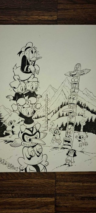 Bas Heymans - 1 Pencil drawing - Donald Duck - Donald en neefjes bij Totempaal