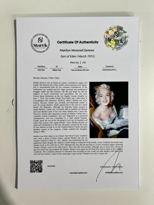 Marilyn Monroe - East of Eden Premiere (March 1955) - Fine Art Photography - Luxury Wooden Framed 70X50 cm - Limited Edition Nr 02 of 30 - Serial ID 30290 - Original Certificate (COA), Hologram Logo Editor and QR Code - 100% New items.