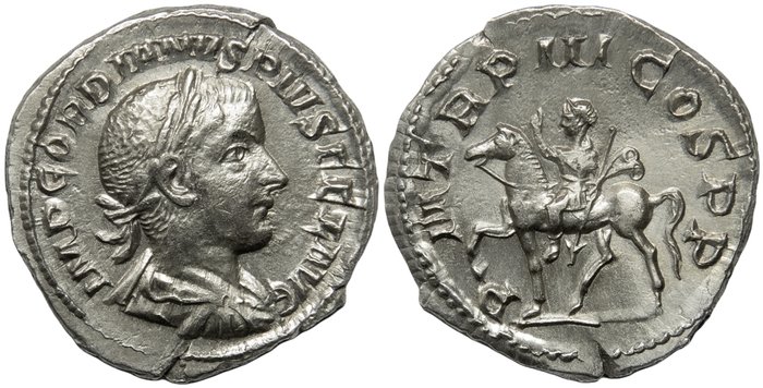 Romarriket Gordian III (AD 238-244) Denarius Minted in Rome 241 P M TR P III COS P P Gordian III on horseback left