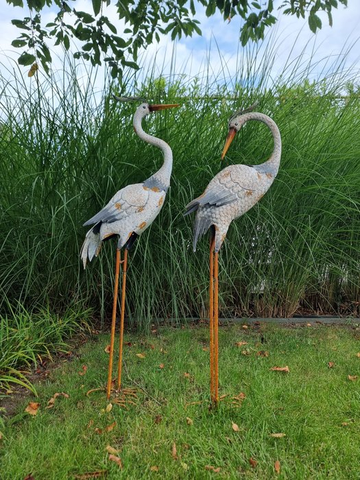 Statuette - A pair of two crane birds - herons - metal