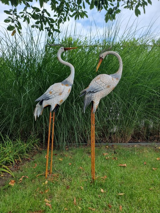 Statuette - A pair of two crane birds - herons - metal