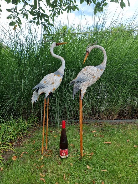 Statuette - A pair of two crane birds - herons - metal