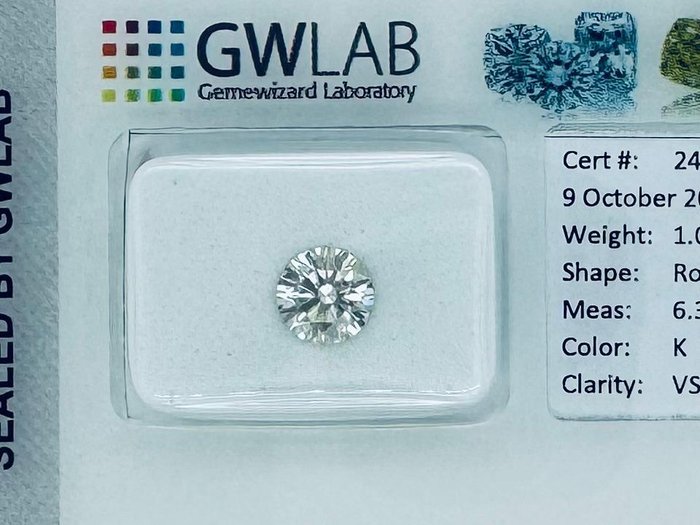 Ingen mindstepris - 1 pcs Diamant  (Natur)  - 1.01 ct - Rund - K - VS2 - Gemewizard Gemological Laboratory (GWLab)