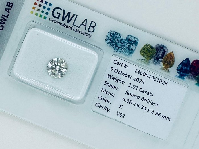 Ingen mindstepris - 1 pcs Diamant  (Natur)  - 1.01 ct - Rund - K - VS2 - Gemewizard Gemological Laboratory (GWLab)