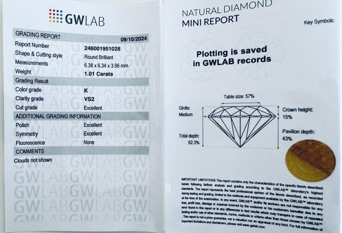 Ingen mindstepris - 1 pcs Diamant  (Natur)  - 1.01 ct - Rund - K - VS2 - Gemewizard Gemological Laboratory (GWLab)