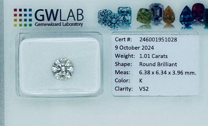 Ingen mindstepris - 1 pcs Diamant  (Natur)  - 1.01 ct - Rund - K - VS2 - Gemewizard Gemological Laboratory (GWLab)