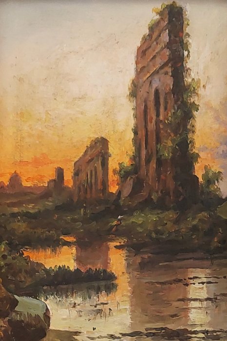 Italiensk skole (XIX) - Roman ruins during sunset