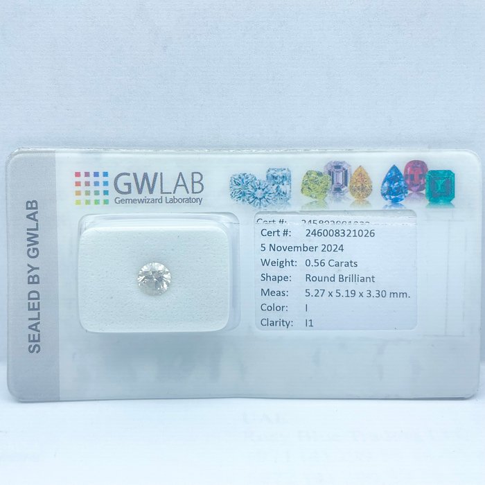 Ingen mindstepris - 1 pcs Diamant  (Natur)  - 0.56 ct - Rund - I - I1 - Gemewizard Gemological Laboratory (GWLab)