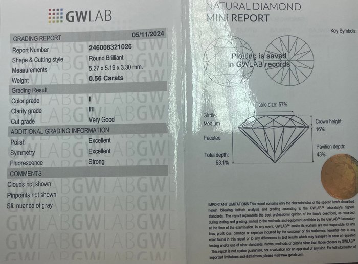 Ingen mindstepris - 1 pcs Diamant  (Natur)  - 0.56 ct - Rund - I - I1 - Gemewizard Gemological Laboratory (GWLab)