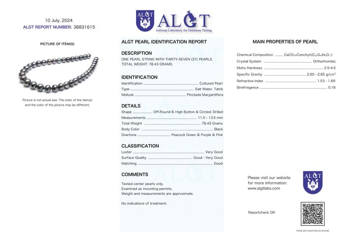 Halskæde ALGT-certificerede 110 x 135 mm store regnbuepåfugle Tahitiske perler