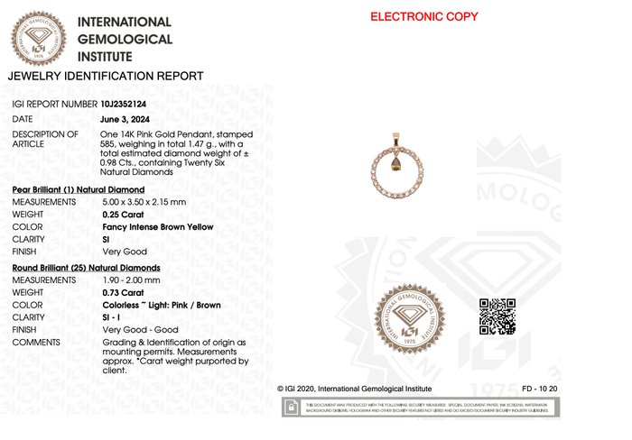 Vedhæng - 14 karat Rosaguld -  0.98ct. tw. Diamant (Naturfarvet)