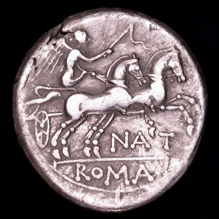 Romerska republiken. Pinarius Natta, 149 BC. Denarius Rome mint, 149 BC. NATĀ / ROMA. Victory driving biga right, holding reins and whip.  (Ingen mindstepris)