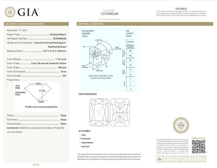 1 pcs Diamant  (Naturfarvet)  - 110 ct - Rektangel - Fancy Brunlig Grønlig Gul - SI2 - Gemological Institute of America (GIA)