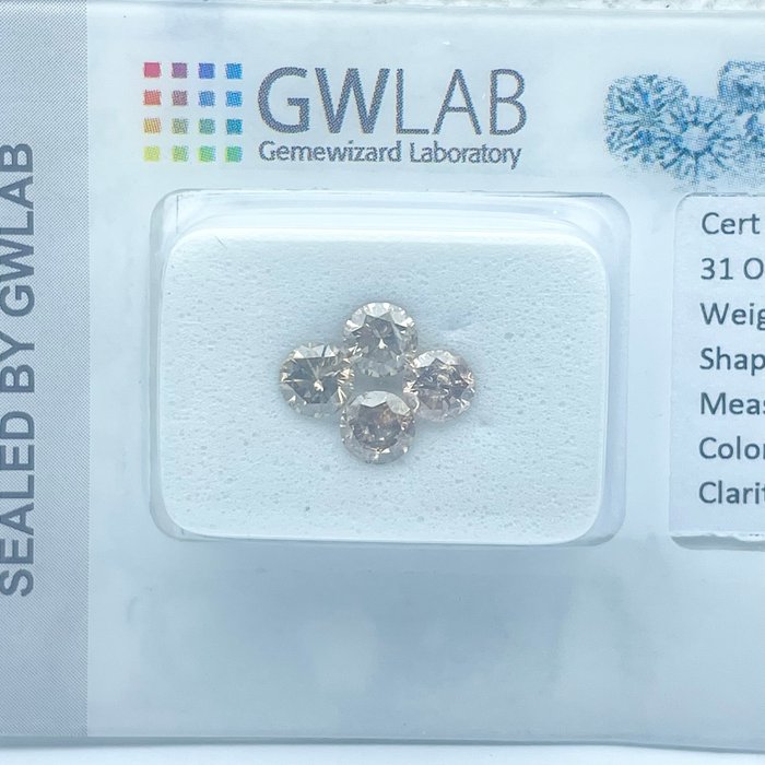 Ingen mindstepris - 4 pcs Diamant  (Naturfarvet)  - 1.01 ct - Rund Brun - I1, I2 - Gemewizard Gemological Laboratory (GWLab)