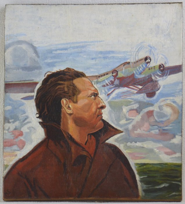 Ecole Française (1940-1950) - Jean Mermoz et son avion L'Arc-en-ciel