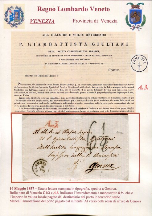 Italienske Antikke Stater - Lombardiet-Venetien 1857 - Postforbindelser mellem Lombardiet Veneto og Kongeriget Sardinien.