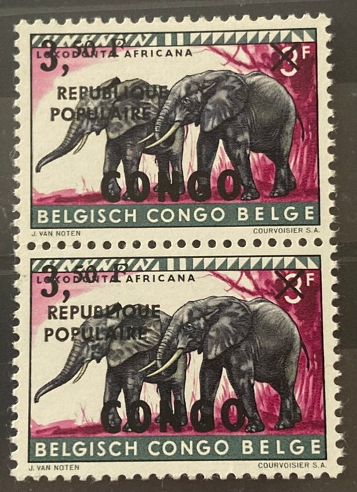 Belgisk Congo 1964 - Lokalt nummer af Stanleyville: Dyr med 'REPUBLIQUE POPULaire'-tryk i PAIR - OBP/COB 7-Cu 'KLEINE OPDRUK' = ZELDZAAM