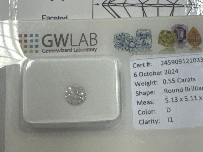 Ingen mindstepris - 5 pcs Diamant  (Natur)  - 0.55 ct - Rund - D (farveløs) - I1 - Gemewizard Gemological Laboratory (GWLab)