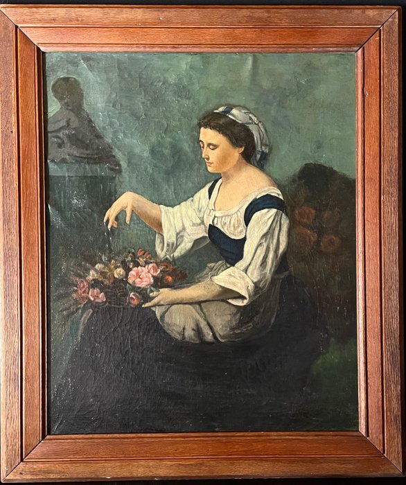 Italiensk skole (XIX) - Jeune femme au bouquet de fleurs