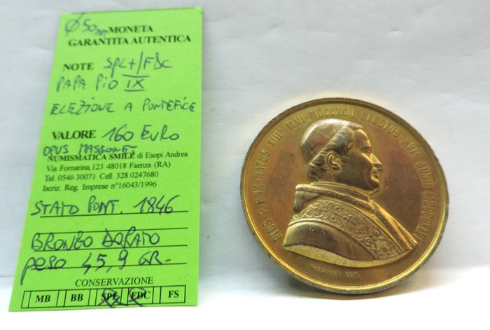 Italien, Kirkestaten. Pio IX (1846-1870). Medaglia elezione a Pontefice di Papa Pio IX 1846 , peso 45,9 gr. Opus : Massonet  (Ingen mindstepris)